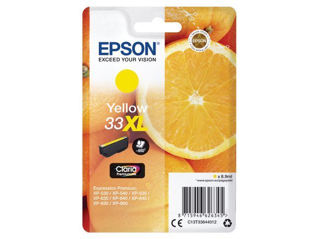 Epson Sinaasappel 33XL Claria Premium Inkt, Single Pack, cartridge hoog pagina opbrengst, geel, C13T33644012